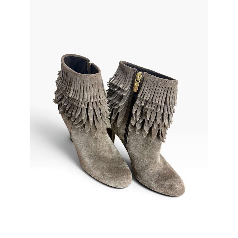 Isola Layton Havana Taupe Suede Fringe Ankle Boots High Heel Boho Western Tassel